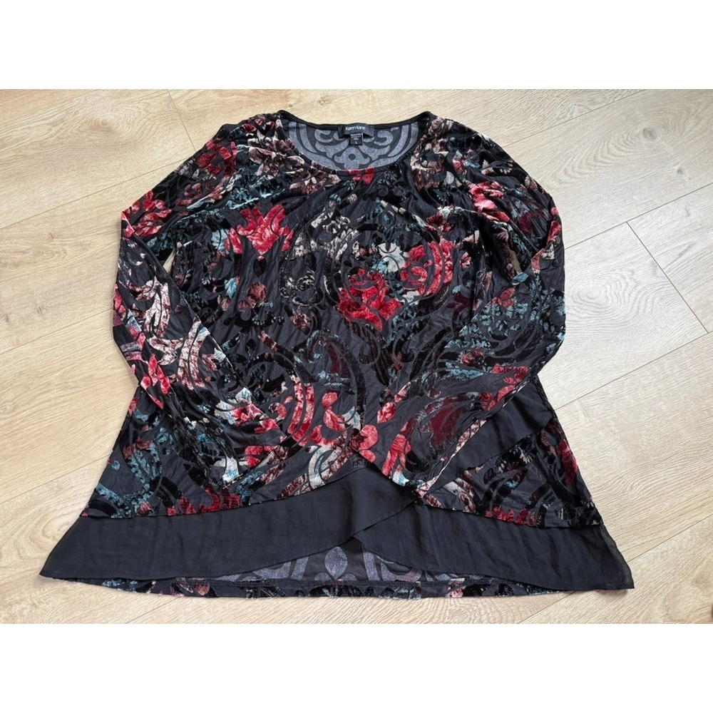 Karen Kane black velvet vibrant floral sheer crisscross hem flowy blouse size L
